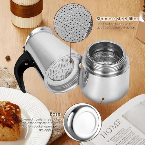 Vista 5 de Cafetera de café expreso para estufa, 3.4 fl oz, 2 tazas, cafetera italiana de acero inoxidable para cocinas de inducción