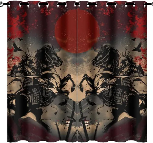 Vista 16 de Cortinas opacas abstractas japonesas samuráis para dormitorio, caballo samurái rústico, rojo, ojal, aislamiento térmico, cortinas de oscurecimiento