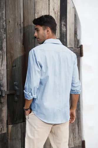 Vista 4 de Camisa de lino y algodón con botones para hombre, casual, manga larga, cuello extendido, ligera, para la playa