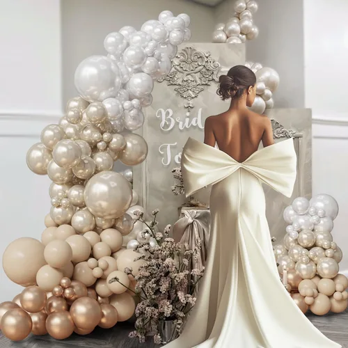 Vista 5 de Arco de globos de doble relleno de color blanco perla, guirnalda de globos metálicos de champán, kit de arco de globos neutros, color nude, bobo