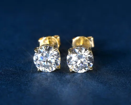 Vista 2 de Aretes solitarios de oro real de 10 quilates con diamantes de moissanita auténtica, redondos, brillantes, para mujeres y hombres, con cierres