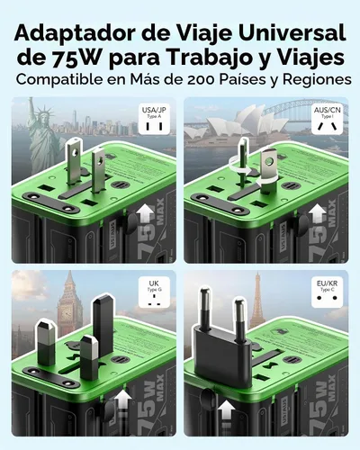 Vista 3 de MFish Adaptador de viaje universal de 5 puertos de 75 W, carga todo en uno Negro