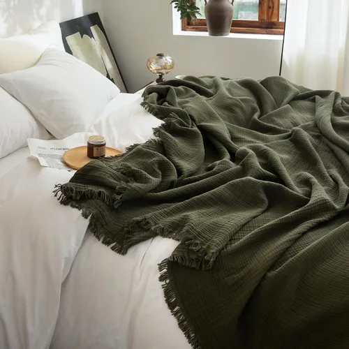 Vista 55 de FOSSA Manta de Muselina con Flecos - Gasa de Algodón 100% de 4 Capas Súper Suave y Transpirable - Manta Decorativa Ligera y Refrescante para Cama