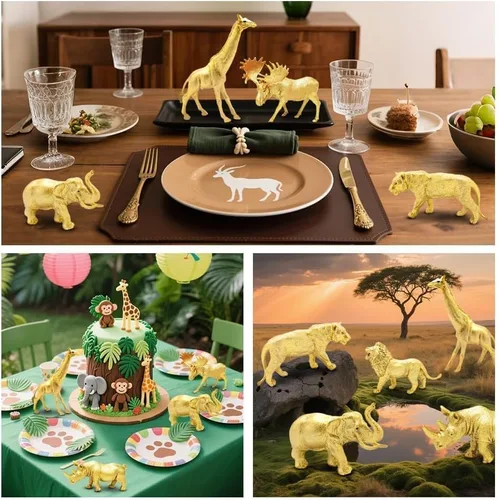 Vista 5 de Figuras de animales de plástico dorado metálico, 12 figuras de animales de zoológico de safari dorado, animales salvajes de la selva para decoración