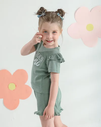 Vista 5 de Mioglrie Ropa para bebé niña con volantes y pantalones cortos, conjunto de ropa para niñas pequeñas