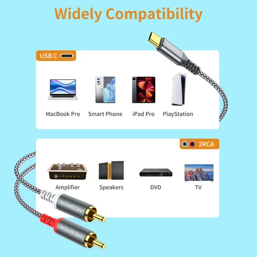 Vista 5 de Cable de audio USB C a 2 RCA, 6.6 pies tipo C a RCA macho a macho y RCA Splitter RCA 2RCA Jack Cable de audio USB-C para teléfono, tableta, cine