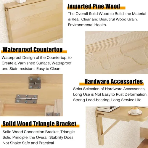 Vista 4 de Mesa plegable resistente para espacios pequeños, mesa plegable de madera maciza para lavandería, para montar en la pared, puede soportar 110 libras