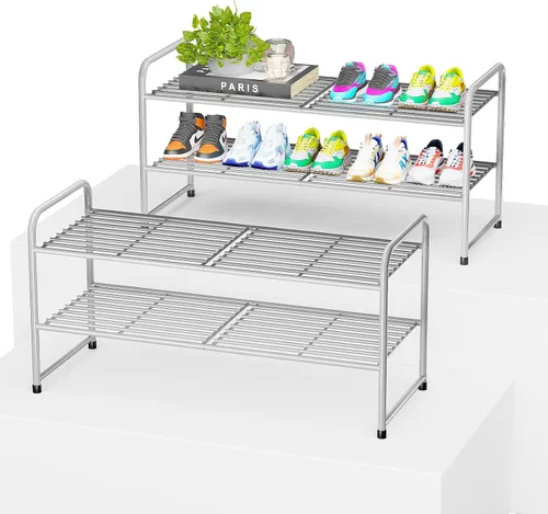 Vista 15 de Zapatero de 2 niveles para armario, organizador de almacenamiento de zapatos extra largo de 44 pulgadas para estantes, metal resistente, fácil
