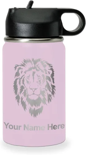 Vista 17 de LaserGram Botella de agua personalizada, cabeza de león, acero inoxidable de doble pared aislada al vacío con popote superior, regalo grabado