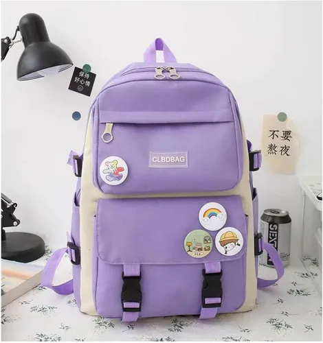 Vista 2 de Teslawi Kawaii - Juego de 4 mochilas estéticas de 17 pulgadas, con colgantes Kawaii, bolsa cruzada, estuche para lápices, bolso, (Púrpura), Mochila