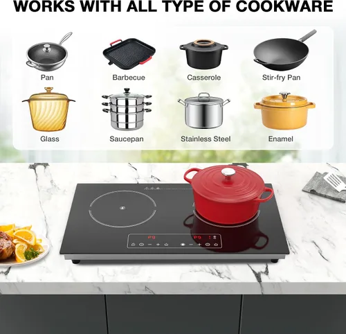 Vista 4 de Cocina eléctrica, 110 V, 2400 W, 2 quemadores, encimera y estufa integrada con 9 niveles de potencia, bloqueo de seguridad para niños, temporizador