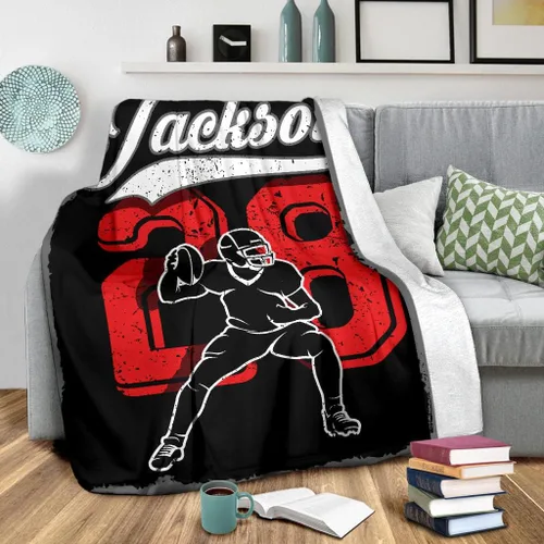 Vista 6 de Manta de forro polar Sherpa de alta calidad para jugador de mariscal de campo de fútbol, color negro, con número de nombre, impresión 3D, cálida