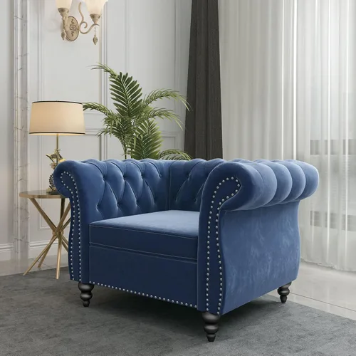 Vista 3 de RARZOE Chesterfield - Silla contemporánea de terciopelo Chesterfield, silla de club de terciopelo, silla Chesterfield con brazos enrollados de Azul