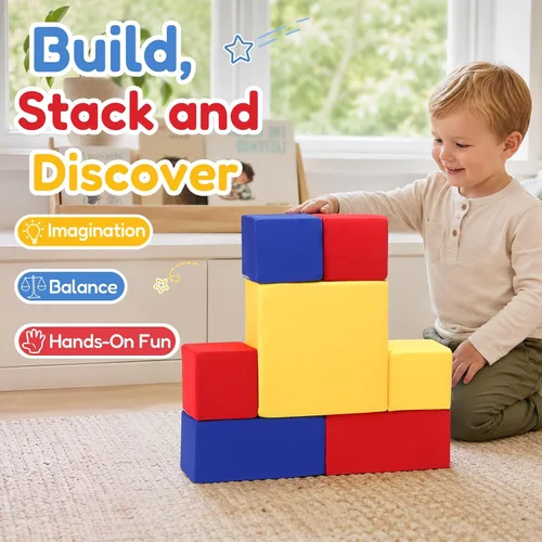 Vista 4 de Bloques de espuma para niños pequeños, bloques de construcción suaves para niños pequeños, bloques apilables coloridos para niños, 7 piezas