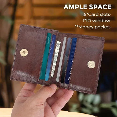 Vista 2 de Bolsillo frontal con bloqueo RFID, minimalista, delgado, de cuero, plegable, para tarjeta de crédito, con ventana de identificación