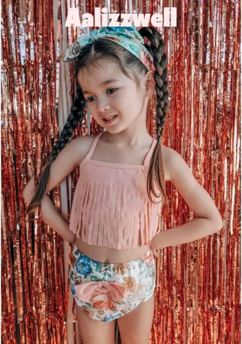 Vista 2 de Conjunto de traje de baño de dos piezas con borlas para bebés y niñas pequeñas