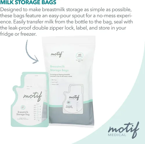 Vista 4 de Motif Medical Bolsas de almacenamiento de leche materna – Bolsas para el congelador de leche materna con boquilla fácil de verter, etiqueta