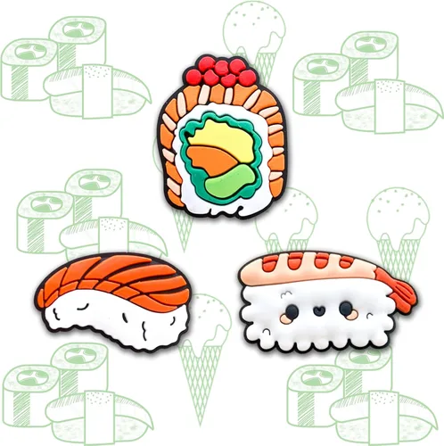 Vista 3 de Dijes para zapatos de sushi para zuecos, lindos dijes de arroz en rollo de sushi para niños, adolescentes y adultos, Metal no precioso., No es una