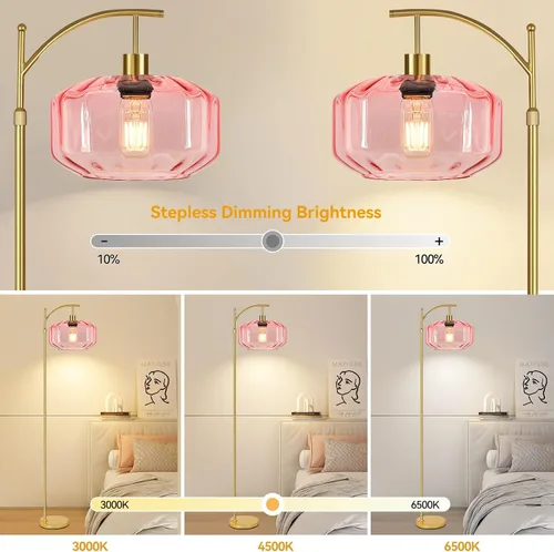 Vista 2 de Lámparas de pie doradas para sala de estar, dormitorio, lámpara de pie de cristal con control remoto y pantalla rosa, lámpara de pie regulable