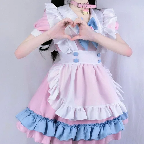 Vista 8 de Lindo uniforme de sirvienta para mujer, con cuello cuadrado, manga abullonada, con cordones, cintura y encaje, disfraz de Halloween