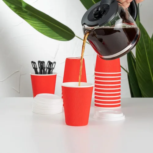 Vista 10 de Tazas para café de papel aislado, pared ondulada, kraft, 12 onzas - Caja de 25 unidades - tapas a juego: RWA0360B, RWA0360W, RWA0328LG, RWA0328GR