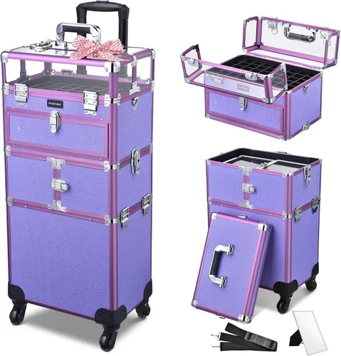 Vista 10 de BYOOTIQUE Organizador de esmalte de uñas 2 en 1, estuche de tren de maquillaje rodante, organizador de viaje para manicura, organizador de viaje