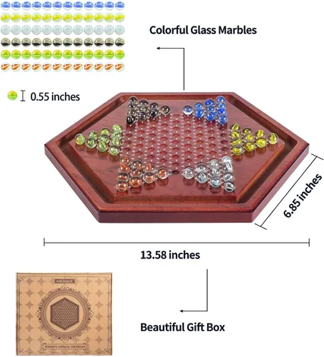 Vista 4 de AMEROUS Juego de mesa de damas chinas de madera de 13.6 pulgadas con 60 canicas de vidrio coloridas, juego de estrategia clásico para niños