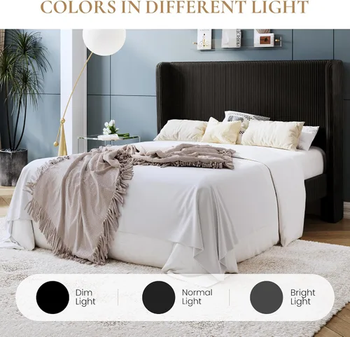 Vista 9 de SHA CERLIN - Base de cama tamaño Full tapizada en pana con plataforma y cabecera acolchada con diseño acanalado vertical estilo wingback, 8