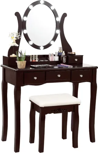 Vista 13 de CHARMAID Juego de tocador de maquillaje con espejo y taburete acolchado, tocador con 5 cajones y organizadores de almacenamiento extraíbles, mesa