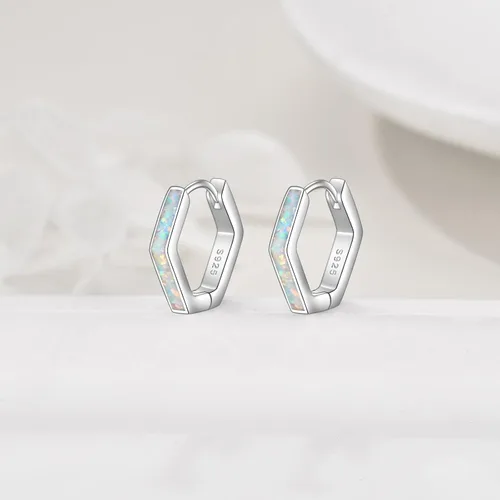 Vista 3 de Aretes de ópalo de plata de ley 925 geométrica hexagonalestrellaclip de papel, aretes de aro blanco ópaloconcha de abulón, regalo para mujeres