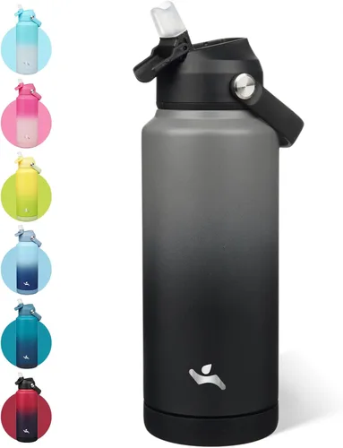 Vista 14 de Konokyo - Botella de agua deportiva aislada de acero inoxidable de 18 onzas con tapa con popote Black; BPA-free, leak-proof sports bottle with