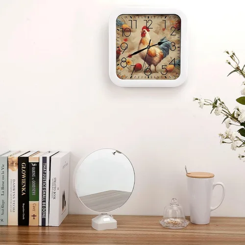 Vista 4 de 10" Square Modern Wall Clock,Art Chicken Animal Painting Print Kitchen Clocks Wall Battery Operated,Silent Non Ticking Unique Funny Cute Wall Clock