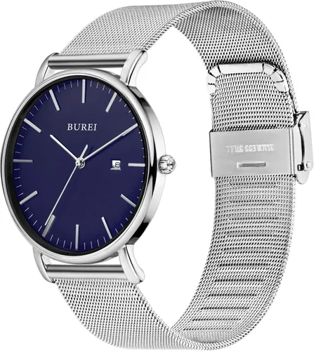 Vista 2 de BUREI Reloj de pulsera analógico de cuarzo ultrafino, calendario de fecha, correa de malla de acero inoxidable