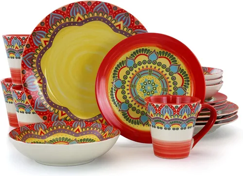 Vista 6 de Elama Zen Blue Mozaik - Juego de vajilla redonda multicolor con diseño de mandala, 16 piezas Azul