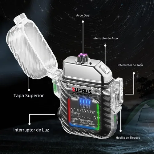 Vista 2 de SUPRUS Luminoso 3 modos de linterna resistente al viento, impermeable, encendedor eléctrico recargable de plasma de doble arco con silbato de Negro