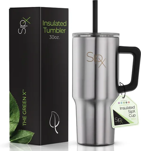 Vista 20 de SipX™ Vaso aislado de 30 onzas con asa y pajita, acero inoxidable aislado al vacío, a prueba de fugas, apto para portavasos - Perfecto para café
