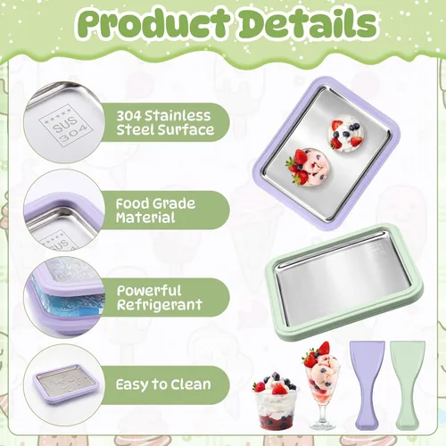 Vista 4 de 2 juegos de helados enrollados, bandeja de helado enrollada con 2 raspadores, placa de acero inoxidable instantánea para hacer granizados sorbete