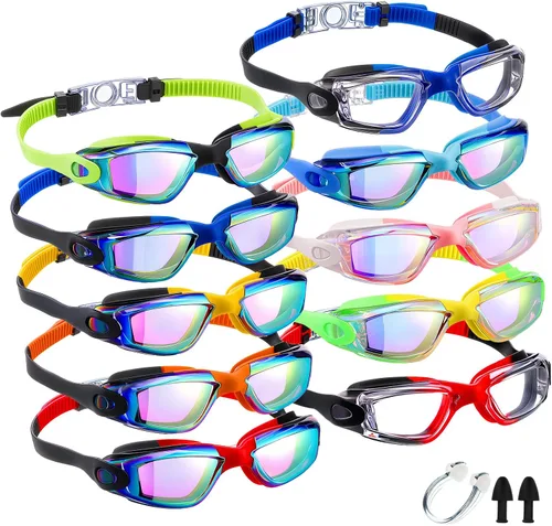 Vista 15 de Konohan Paquete de 10 gafas de natación a granel para niños y adultos, gafas de piscina antivaho de silicona sin fugas, gafas de natación