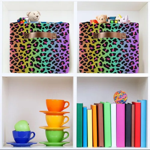 Vista 6 de Bolaz Cesta de almacenamiento grande con diseño de leopardo y arcoíris, plegable, con asas, para dormitorio, hogar, oficina
