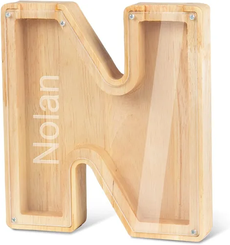 Vista 28 de Alcancía con nombre personalizado, 26 letras láser con texto personalizado, banco de monedas de madera, significado educativo, alcancía con nombre