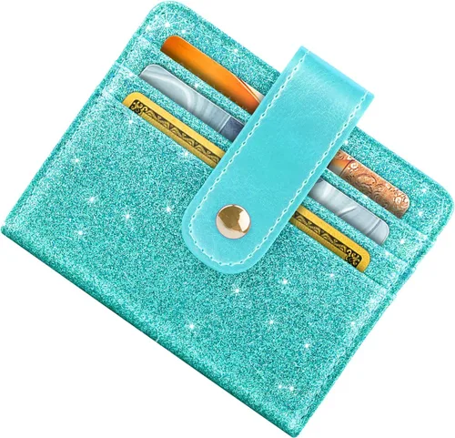 Vista 2 de Simikol Billeteras pequeñas para mujer Slim Minimalistfor Bifold Credit Card Holder para bolsillo o monedero, Glitter Tiffany