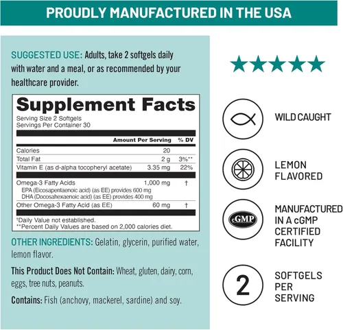 Vista 4 de NatureWise Suplemento de aceite de pescado Omega 3 extra fuerte – 1000 mg por porción – 600 EPA y 400 DHA y vitamina E – Apoyo para la salud