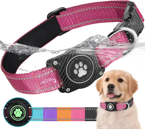 Vista 8 de Airtag - Collar para perro, collar de nailon con soporte impermeable para AirTag, collar luminoso reflectante ajustable para mascotas para perros