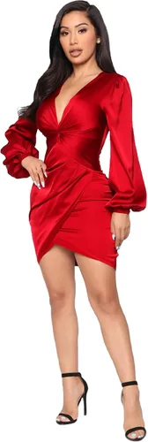 Vista 2 de LightlyKiss Vestido de invitada de boda de manga larga para mujer, vestido de fiesta formal con nudo frontal, 016 rojo