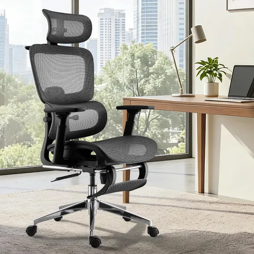Vista 4 de Silla de oficina ergonómica, silla de escritorio de malla para el hogar, cómoda silla de juegos con reposapiés, ruedas, reposacabezas 2D ajustable
