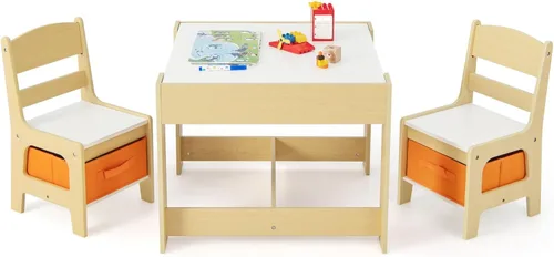 Vista 10 de HONEY JOY Mesa y sillas para niños, juego de actividades de madera 4 en 1 para niños con libreros dobles, almacenamiento, tablero desmontable