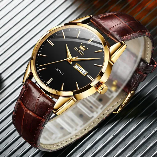 Vista 6 de OLEVS Relojes para hombres de cuero marrón caja dorada analógico cuarzo moda negocios vestido reloj día fecha luminoso impermeable casual masculino