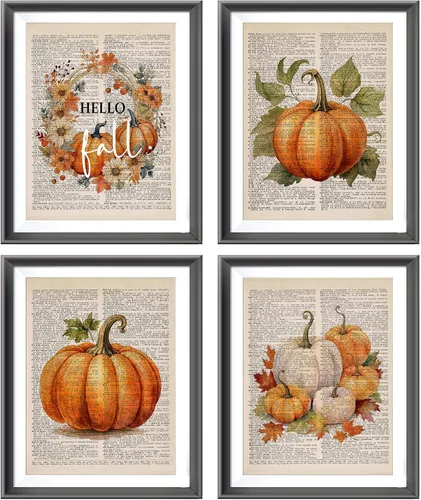 Vista 8 de AEHIE Chinoiserie Fall Pumpkin Wall Art Poster Prints Decor 4pcs 8x10 Blue and White Autumn Pumpkin Floral Maple Leaf Decorations Prints Wall Art