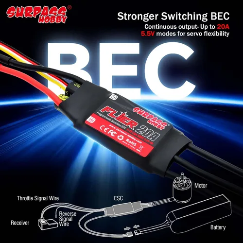 Vista 4 de Surpass 20A ESC sin escobillas 5.5V/4A BEC, XT60 y enchufe de 0.1 in para RC de ala fija