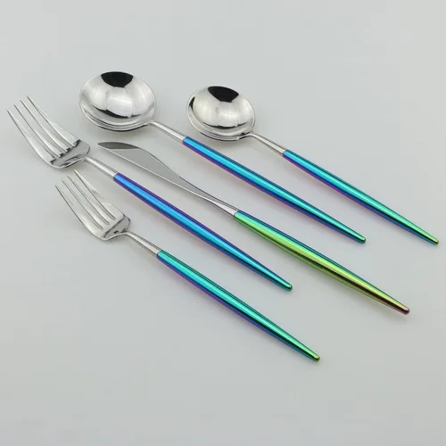 Vista 3 de Juego de cubiertos Coloful Rainbow Handle Silver de 5 piezas, espejo de acero inoxidable 18/10, servicio para 1 plateado